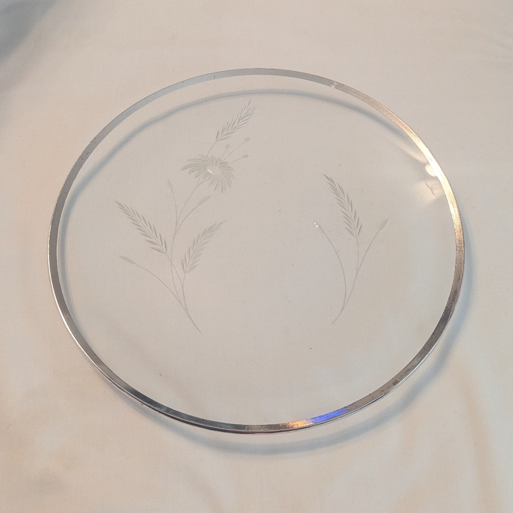 50s Wildflower Etched Glass Round Silver Rimmed Cake Plate Platter 11.75"
